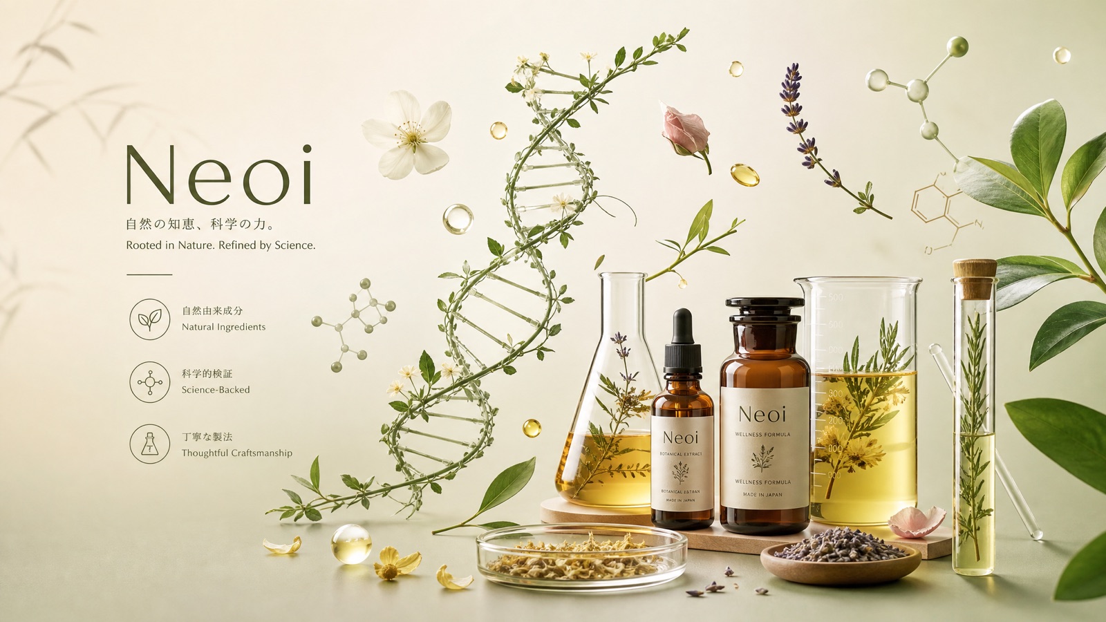 Neoi botanische Extrakte und Wellness-Formel-Flaschen, umgeben von Lavendel, Rosmarin und Kräutern, mit botanischer DNA-Helix und Molekülmodellen — Rooted in Nature, Refined by Science